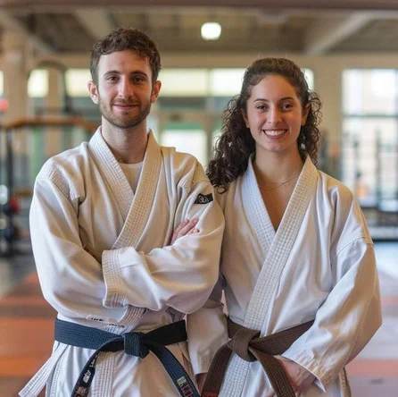 hombre mujer equipo karate pie gimnasio